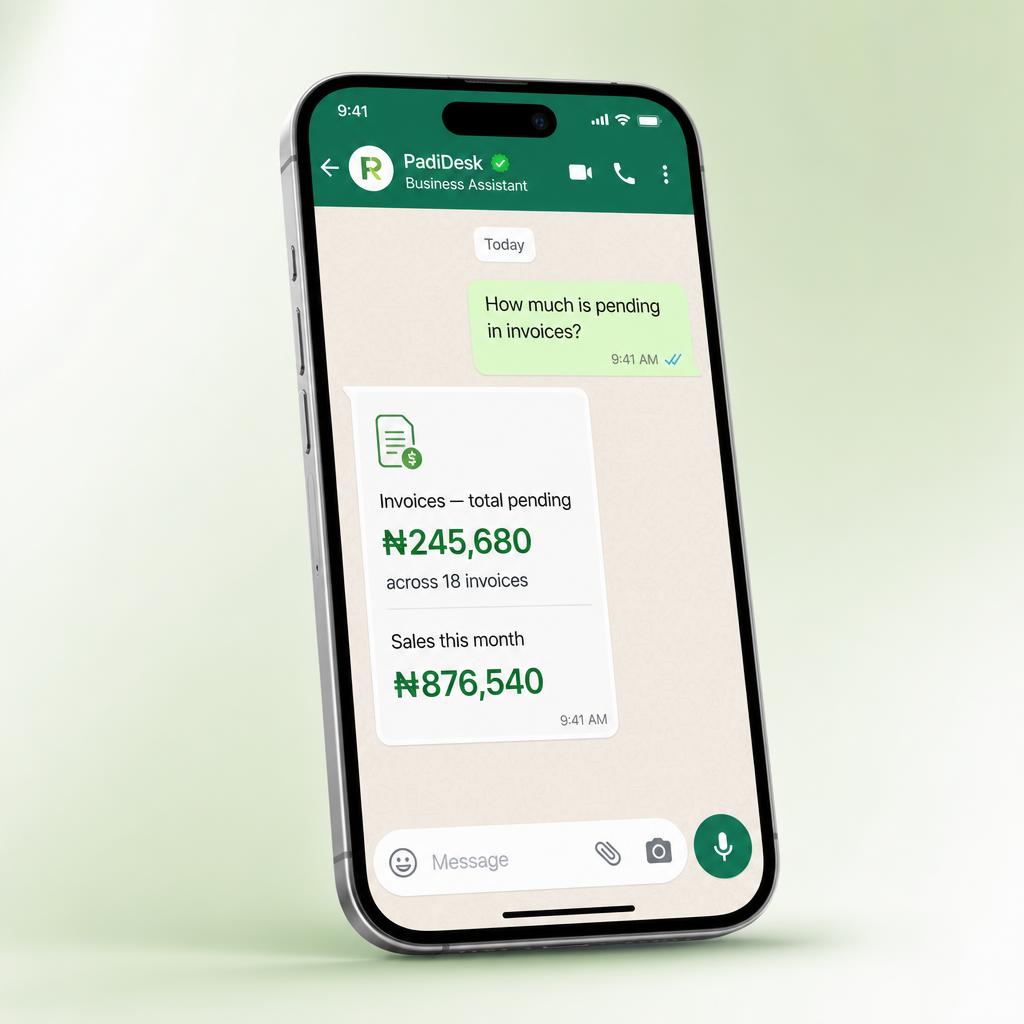 PadiDesk assistant in WhatsApp showing ₦245,680 pending across 18 invoices and ₦876,540 in sales this month
